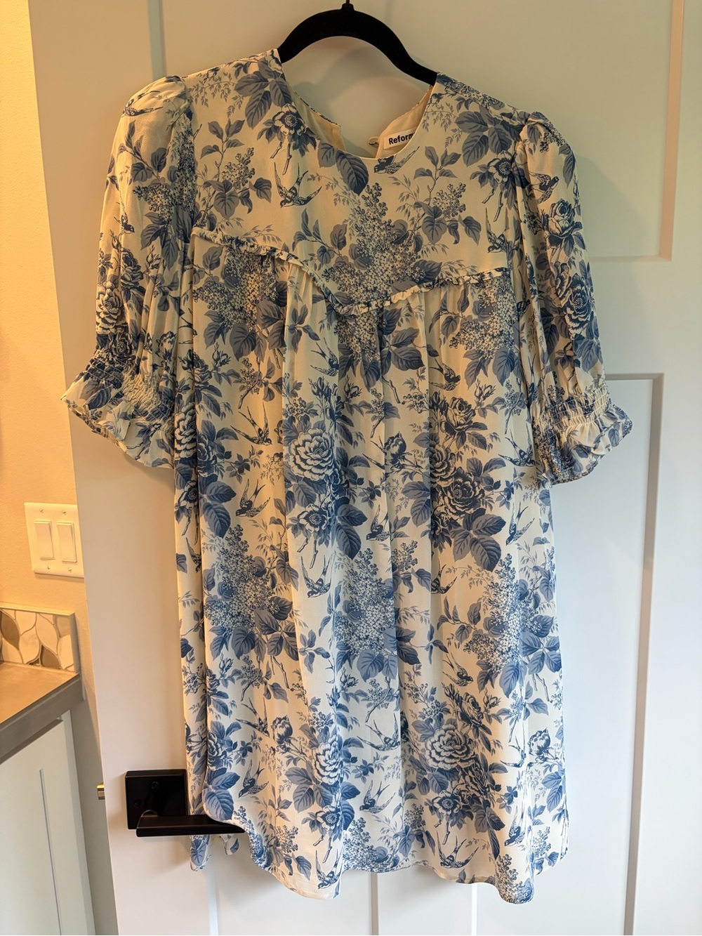 Reformation Cream Dress with Blue Floral & Bird Print - Picture 2 of 3